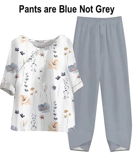 NEW Casual Summer 2 Piece Outfits for Women Cute Sets Floral Print Crewneck Short Sleeve Elastic Pants - Size XL