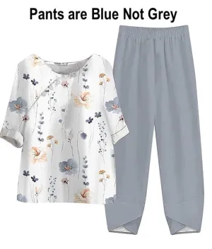 NEW Casual Summer 2 Piece Outfits for Women Cute Sets Floral Print Crewneck Short Sleeve Elastic Pants - Size XL