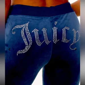 NEW Juicy Couture Velour Big Bling Pants Blue Rhinestone Logo L