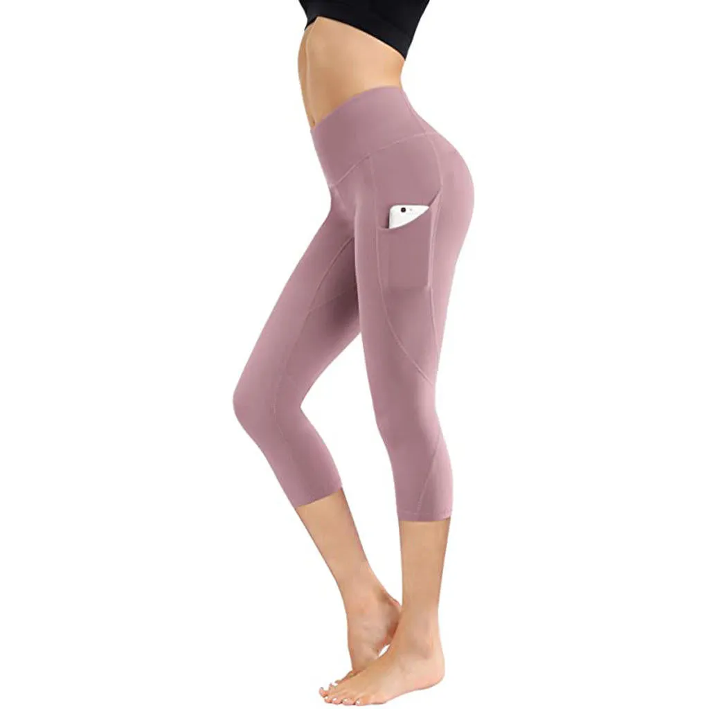 New Summer ZS-High Waist Yoga Capri Seamless Tummy Control Running- Training- Workout pants-side-Pockets