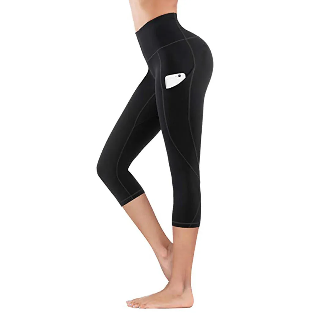 New Summer ZS-High Waist Yoga Capri Seamless Tummy Control Running- Training- Workout pants-side-Pockets