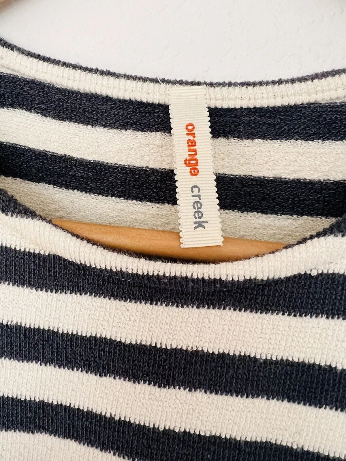 ORANGE CREEK Terry Cloth Dress Sz S Stripped Dark Grey White Pull￼over Pockets