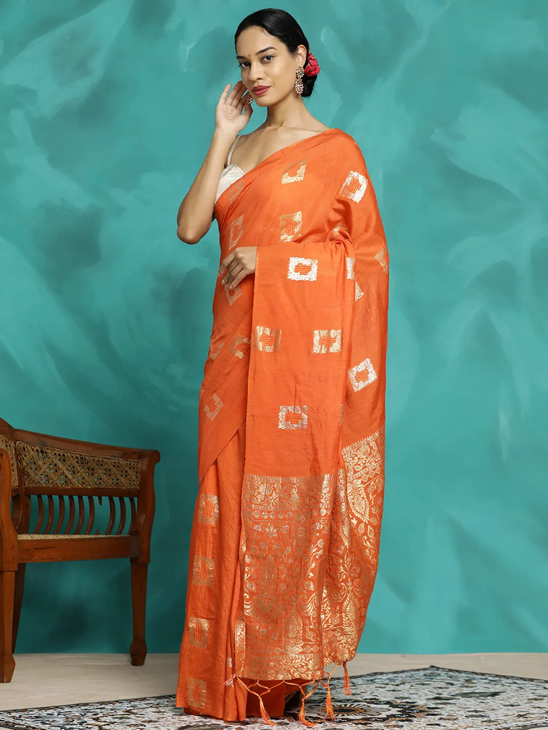 Orange Zari Woven Cotton Blend Banarasi Saree