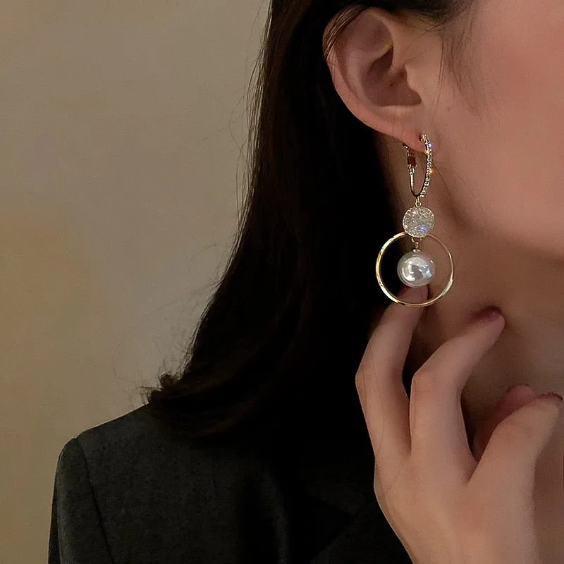 Oversized Owl Drop Earrings with Pearl and Zircon Embellishments