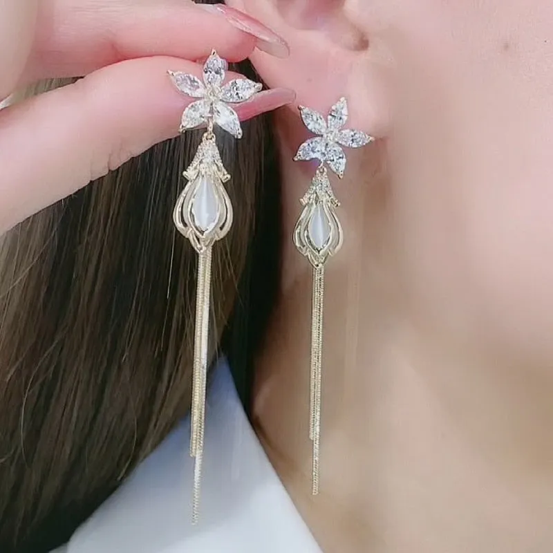 Oversized Owl Drop Earrings with Pearl and Zircon Embellishments