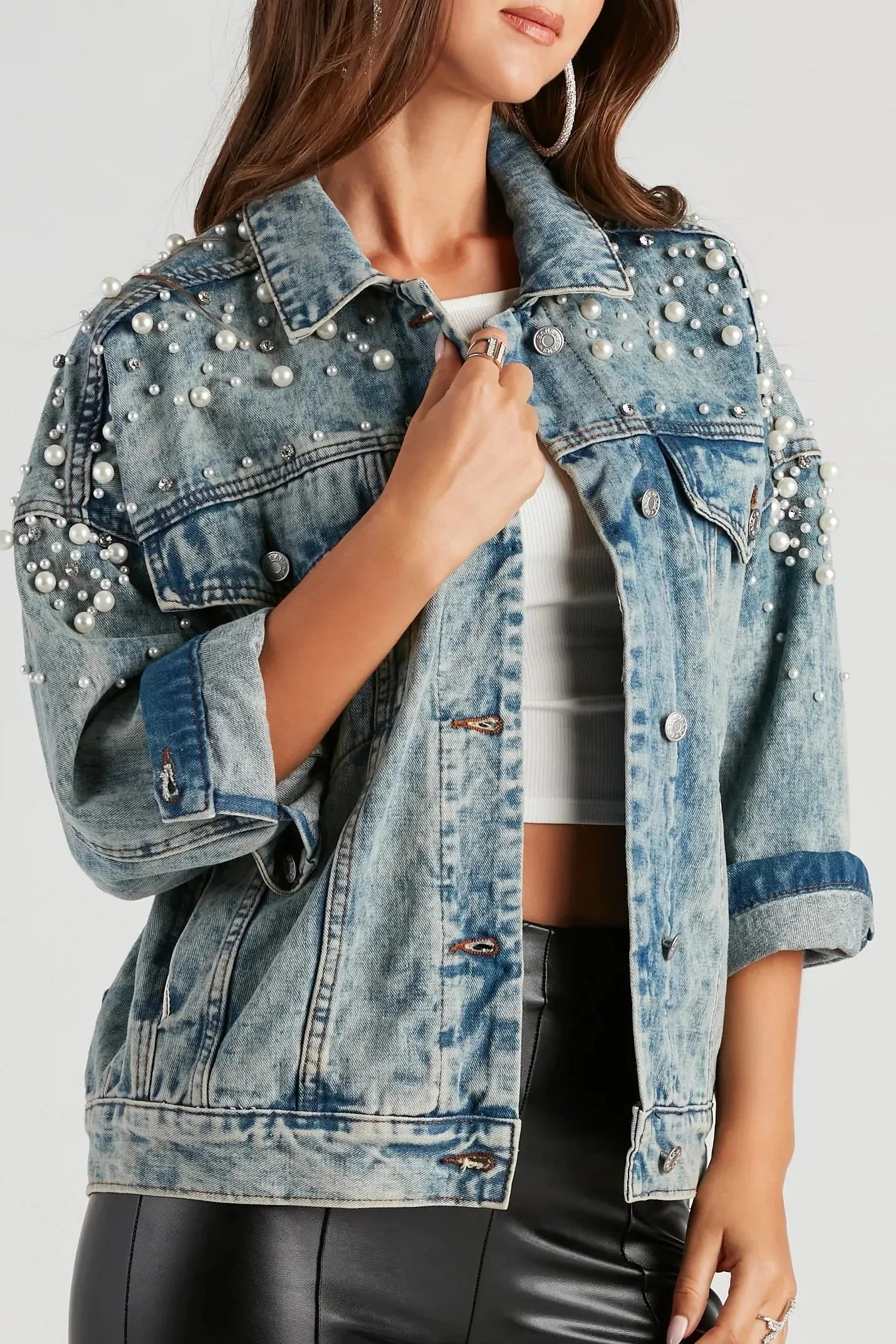 Perfect Pick Pearl And Rhinestone Denim Jacket