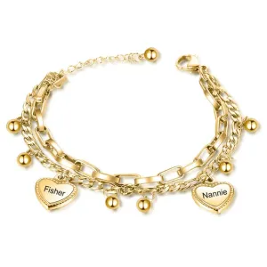 Personalized Beads & Heart Charm Bracelet Customize Name Double Chain Bracelets for Women Stainless Steel Jewelry Gift
