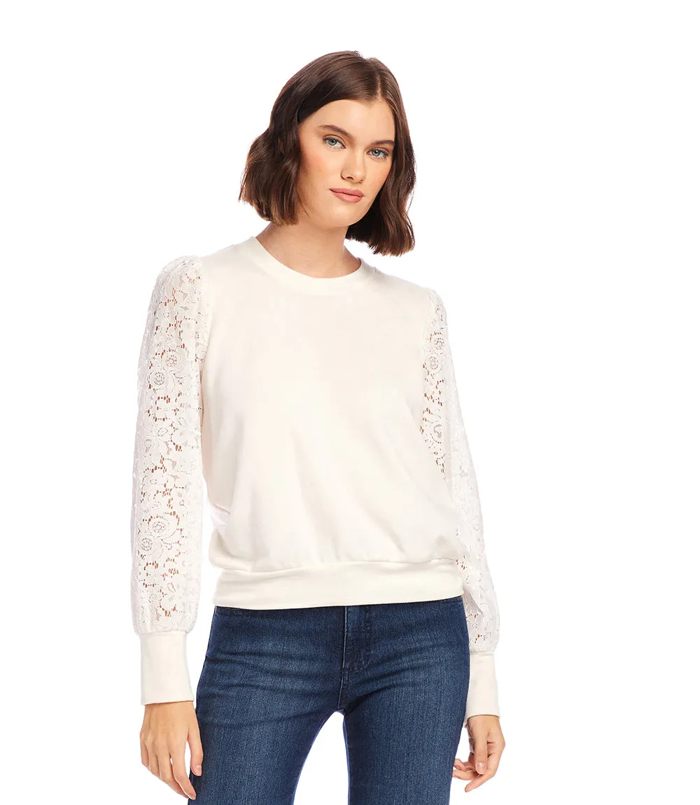 Petite Size Contrast Lace Sleeve Top