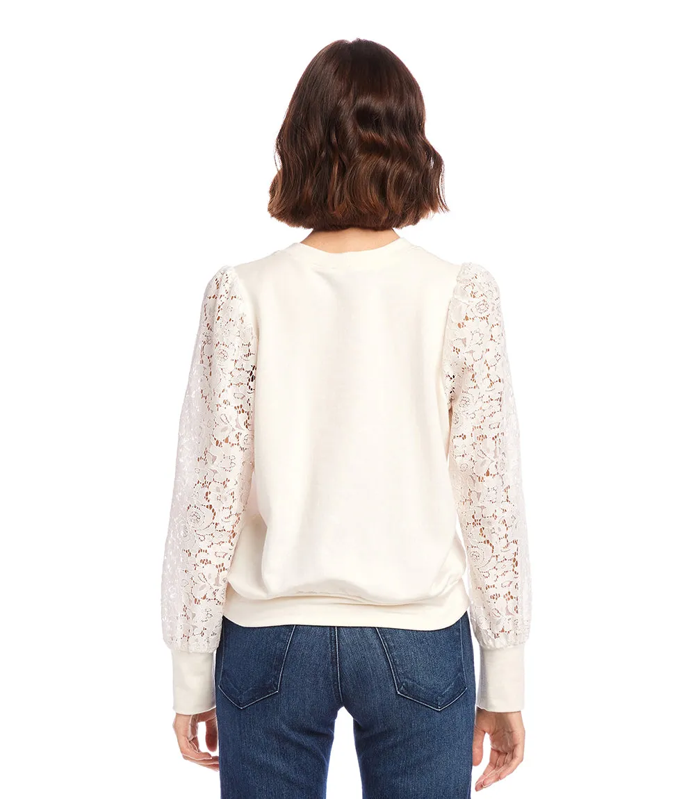 Petite Size Contrast Lace Sleeve Top