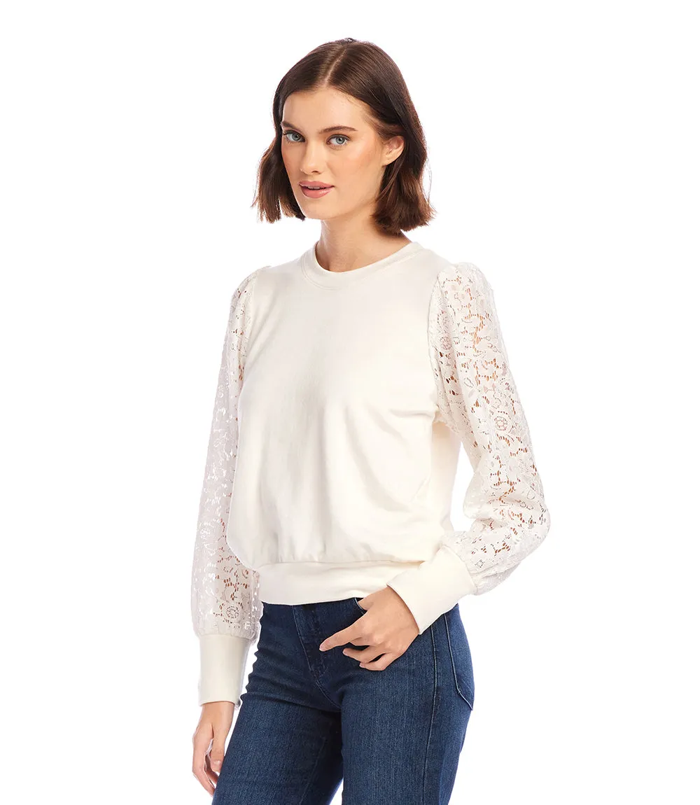 Petite Size Contrast Lace Sleeve Top