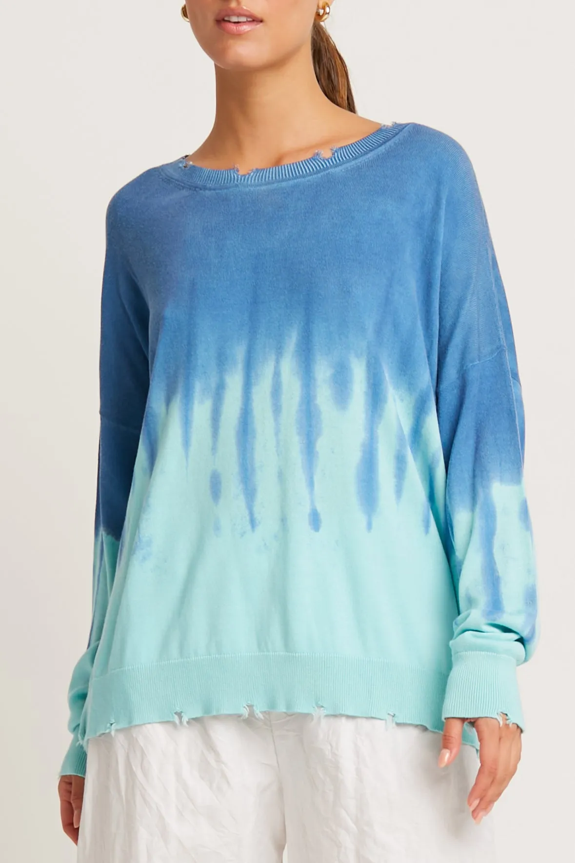 Pima Cotton Bled Out Tattered Crewneck Sweater