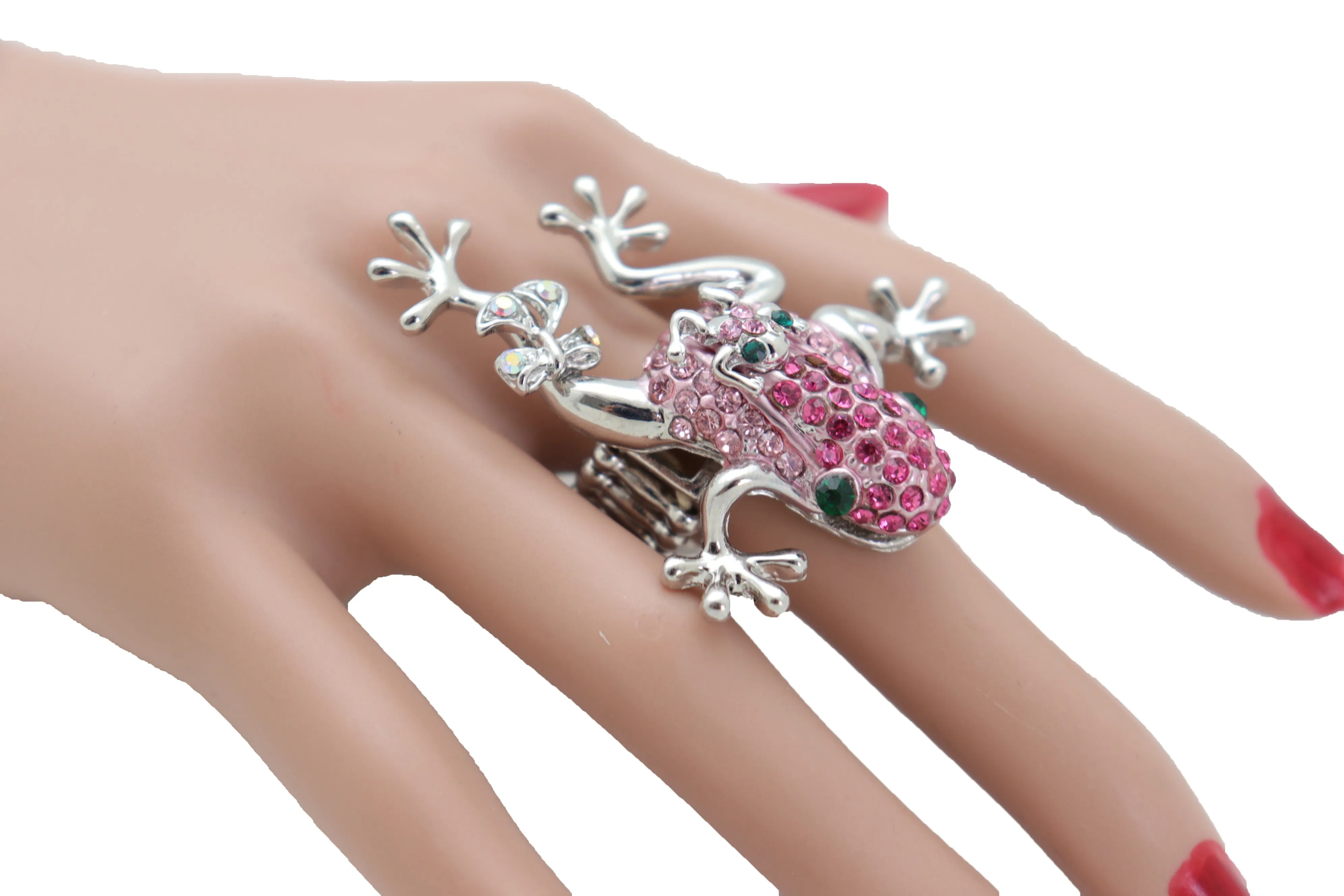 Pink Rhinestone Jeweled Frog Silver Band Ring