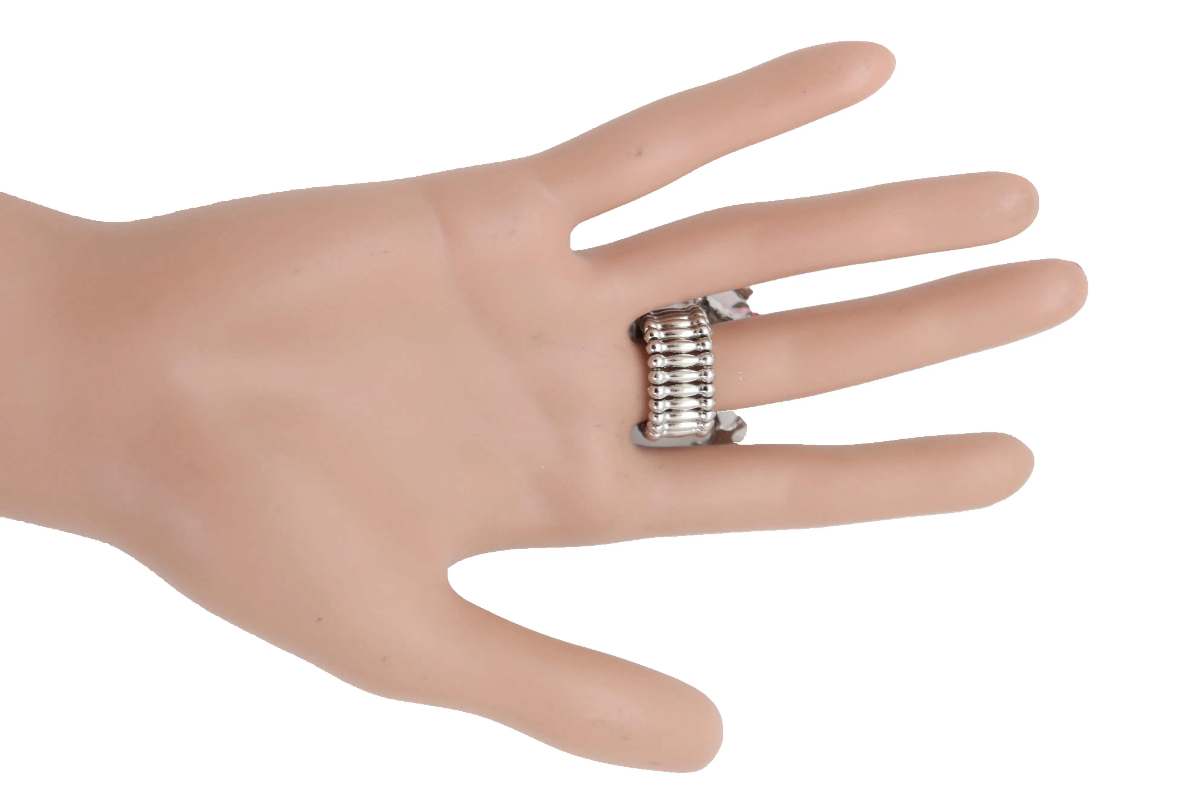 Pink Rhinestone Jeweled Frog Silver Band Ring