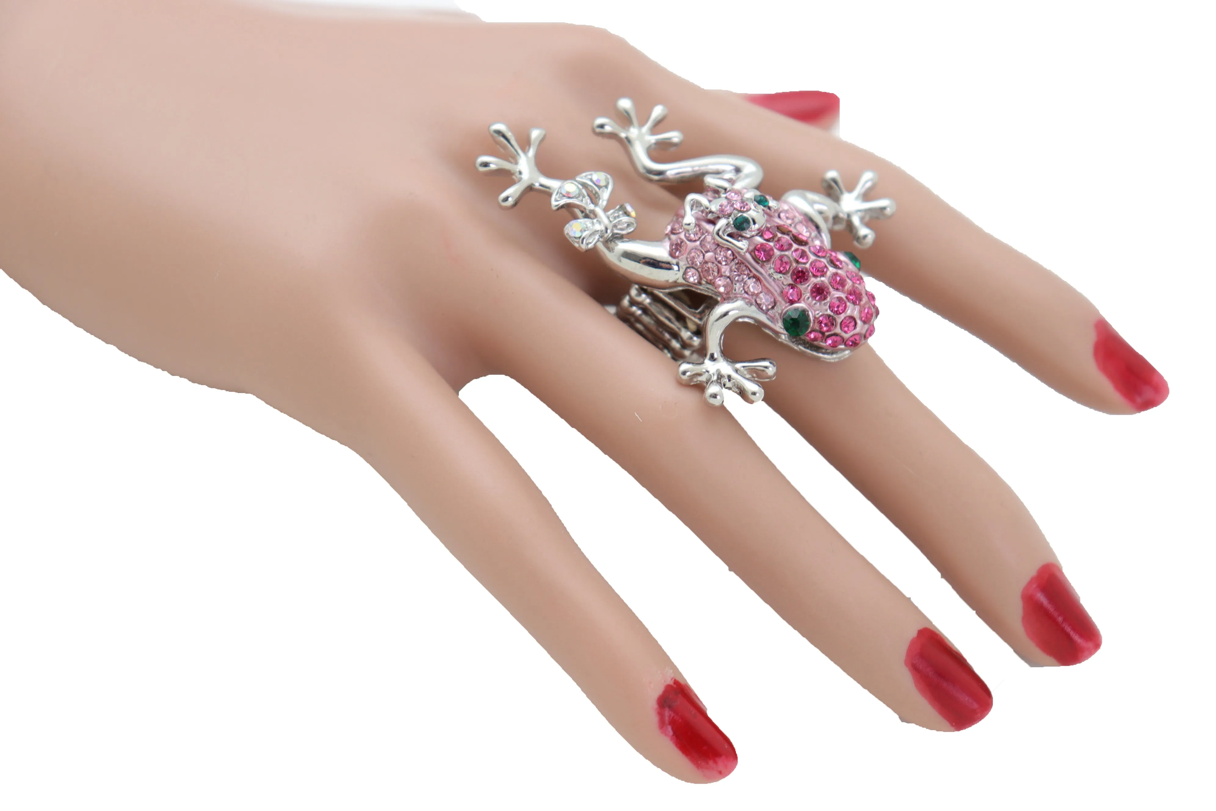 Pink Rhinestone Jeweled Frog Silver Band Ring