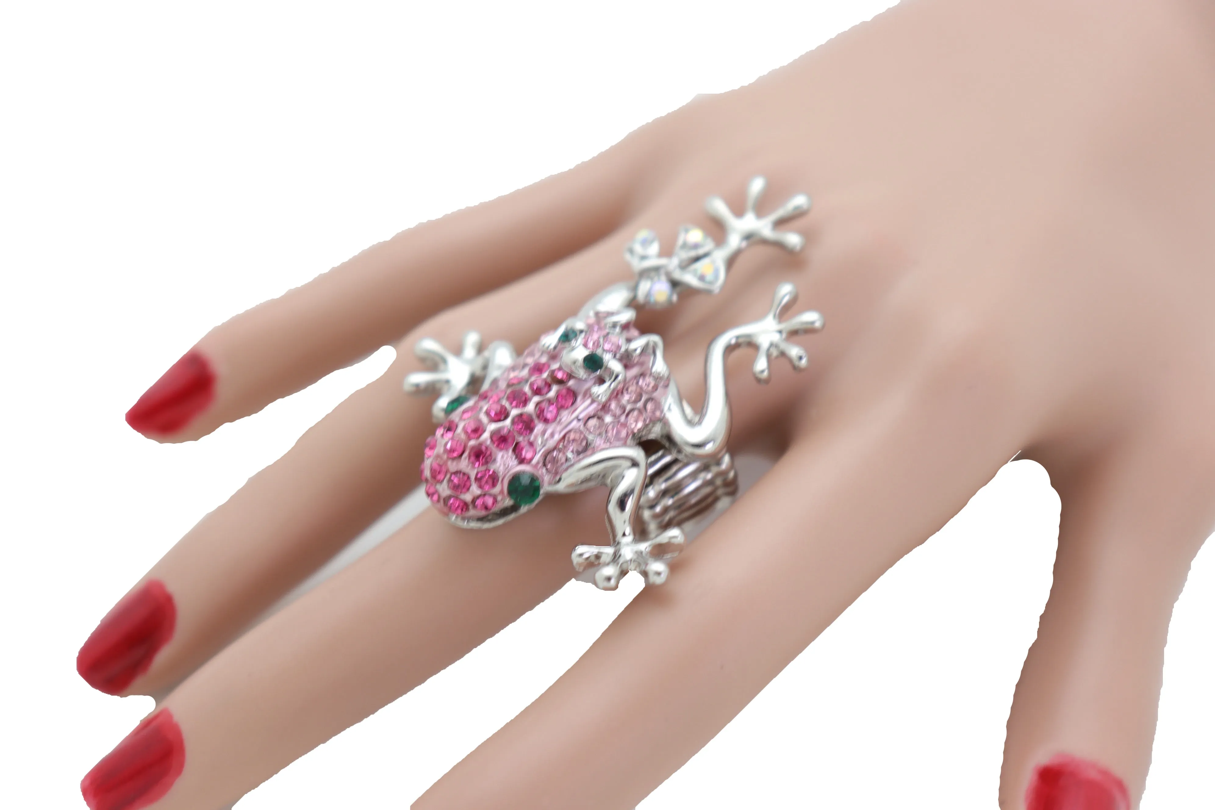 Pink Rhinestone Jeweled Frog Silver Band Ring