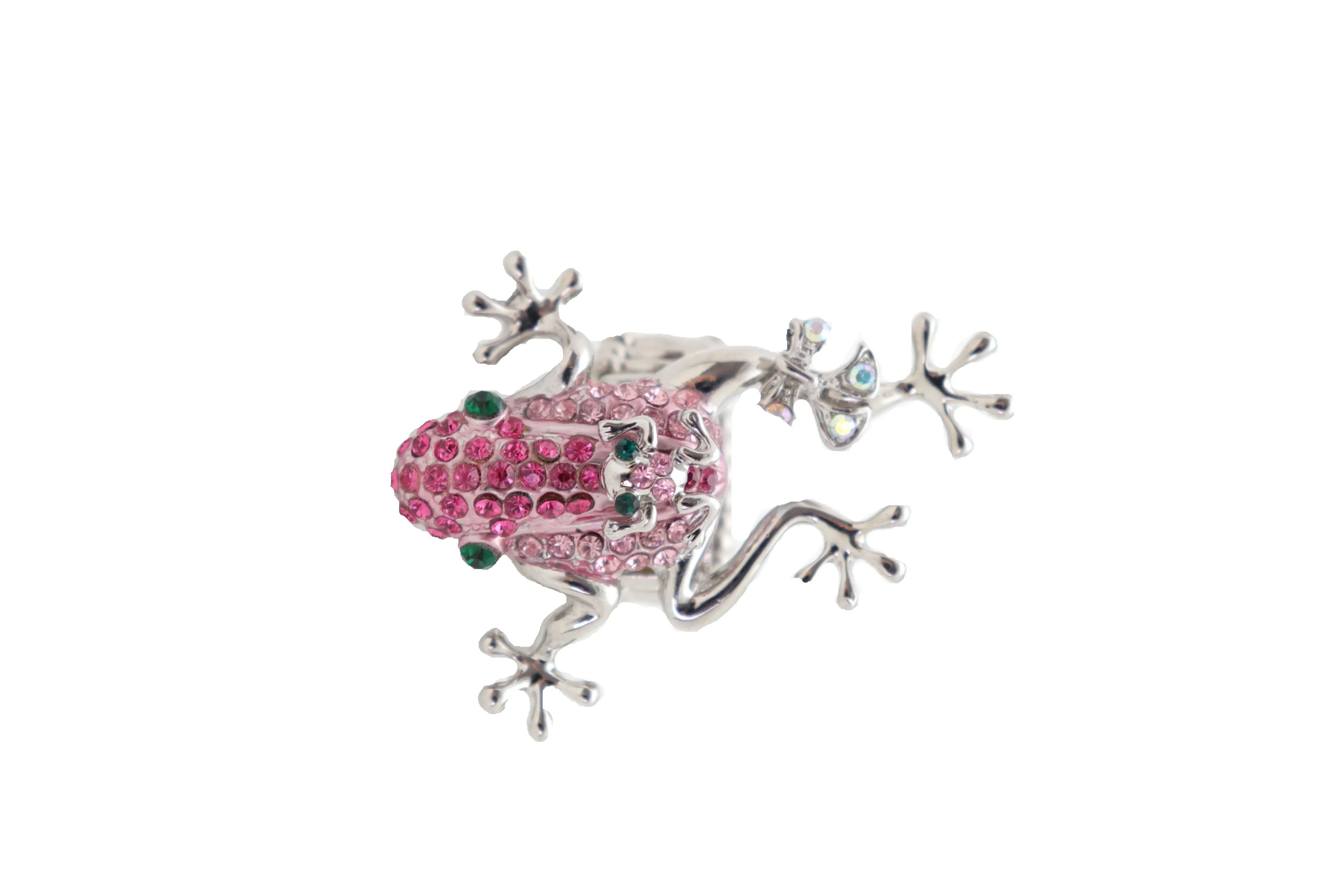 Pink Rhinestone Jeweled Frog Silver Band Ring