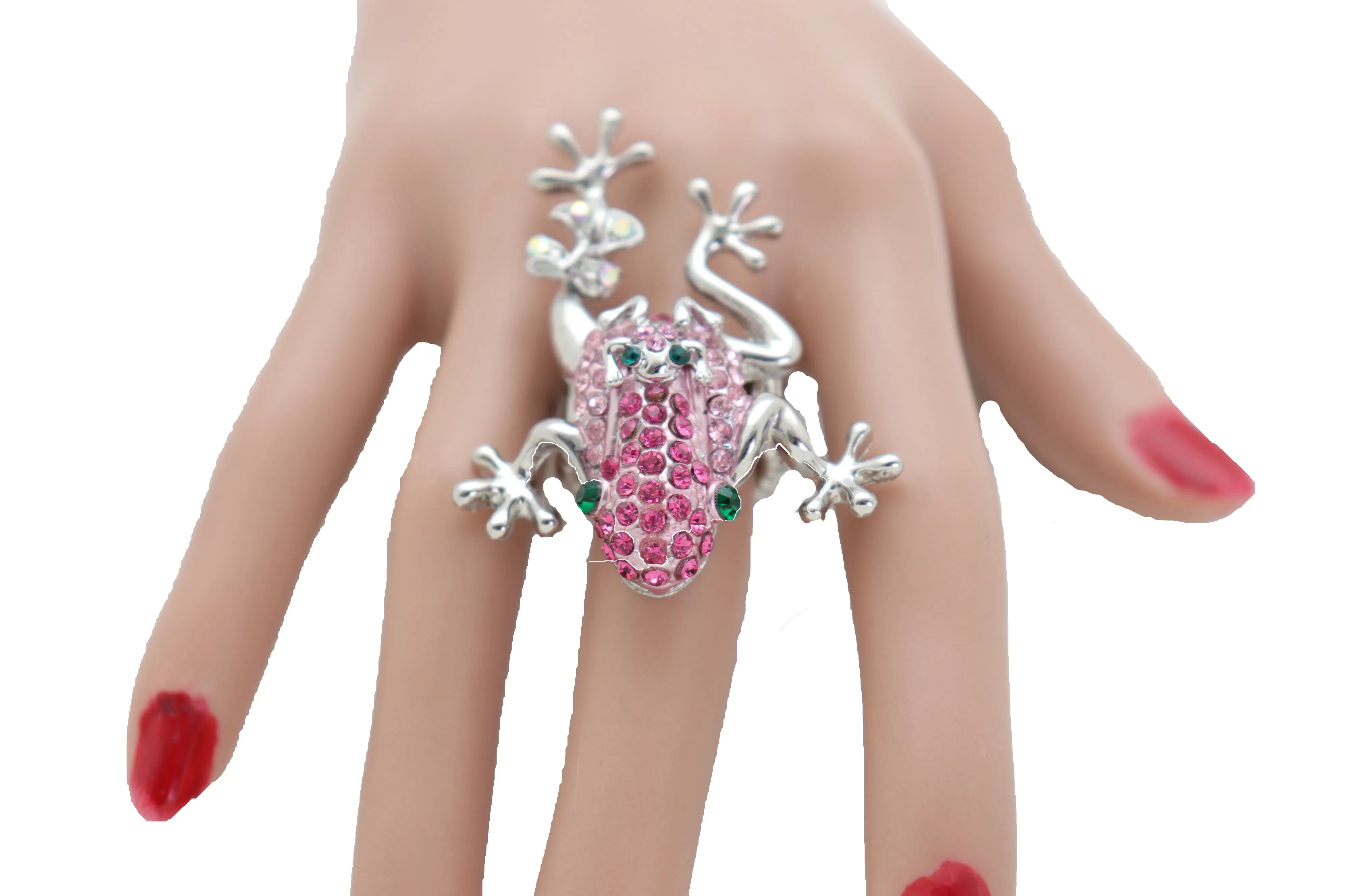 Pink Rhinestone Jeweled Frog Silver Band Ring