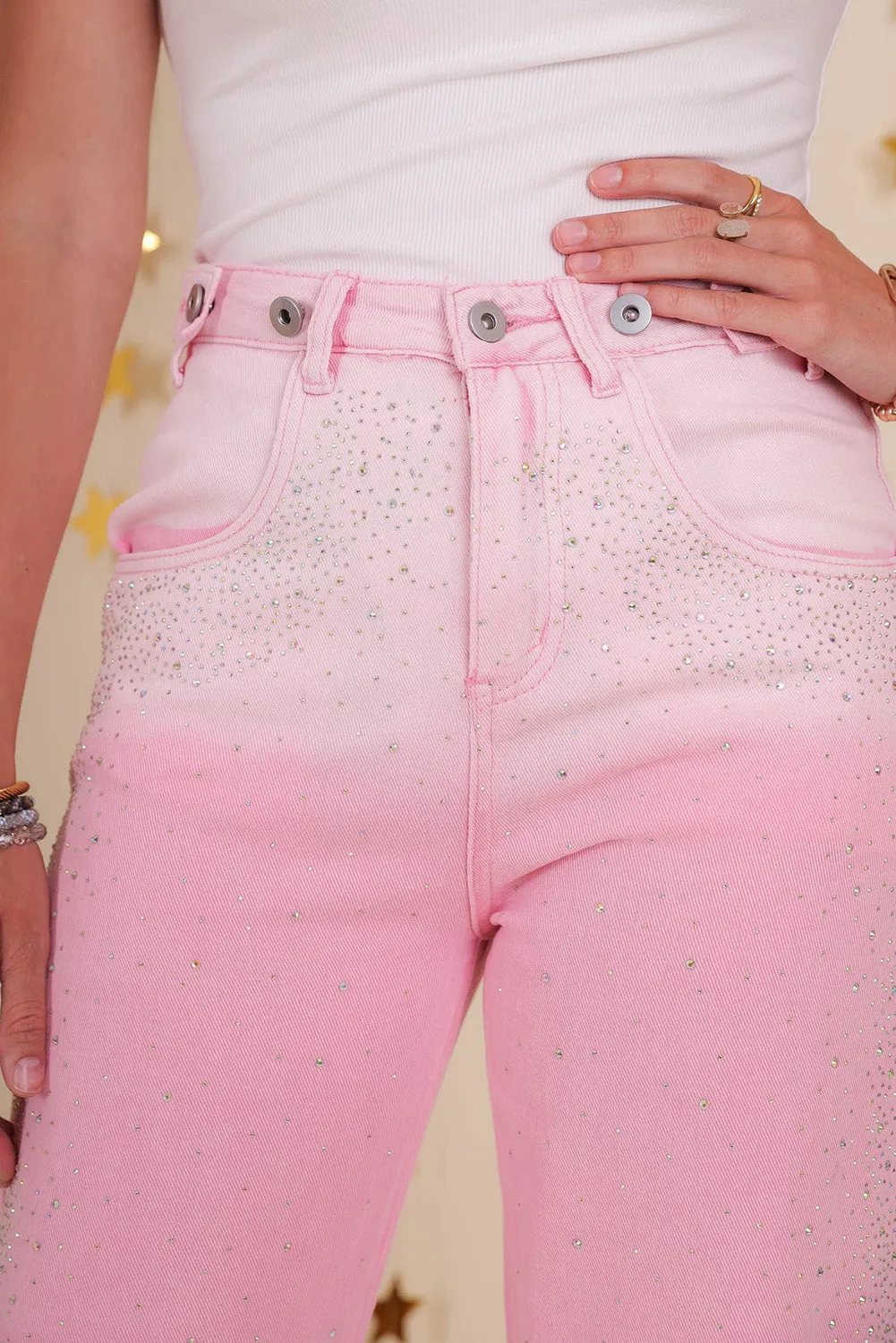 Pink Scattering Rhinestone Gradient Denim Pants