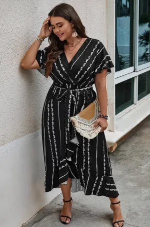 Plus Size Cross Deep V Belt Asymmetric Hem Dress