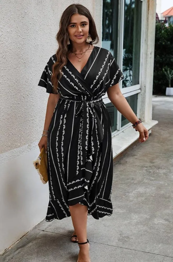 Plus Size Cross Deep V Belt Asymmetric Hem Dress