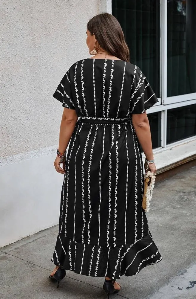 Plus Size Cross Deep V Belt Asymmetric Hem Dress