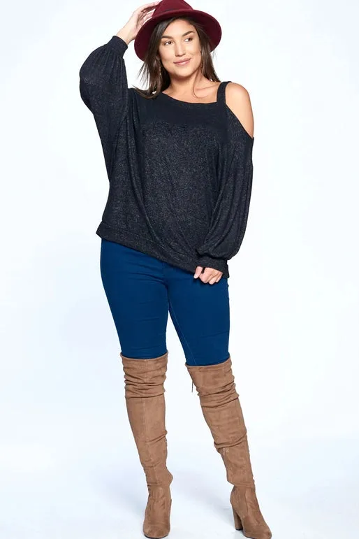 Plus Size Solid Hacci Brush Cold Shoulder Top-2 Tone Black