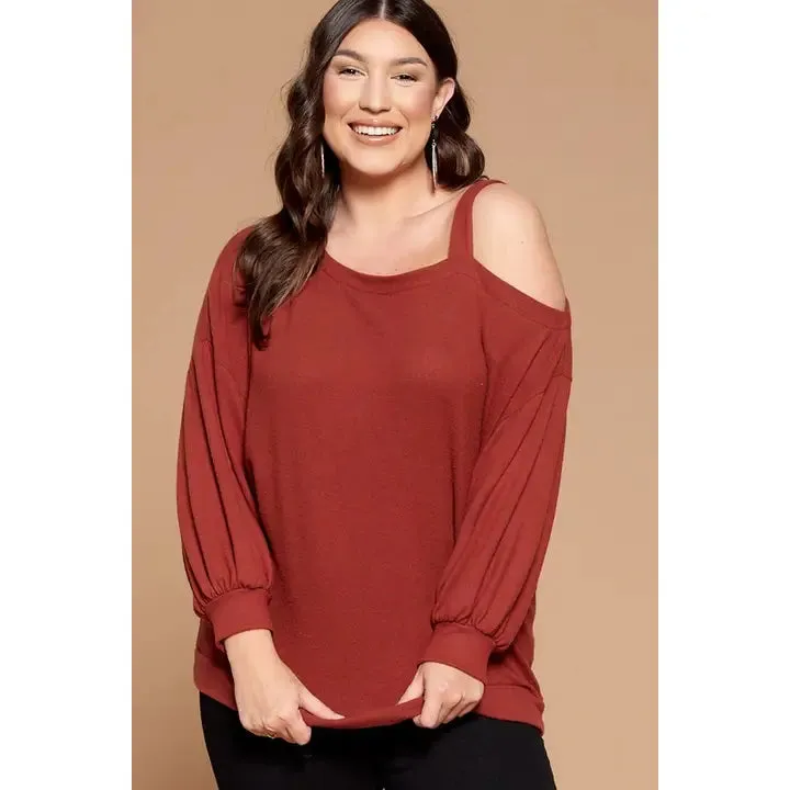 Plus Size Solid Hacci Brush Cold Shoulder Top-Brick