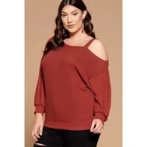 Plus Size Solid Hacci Brush Cold Shoulder Top-Brick