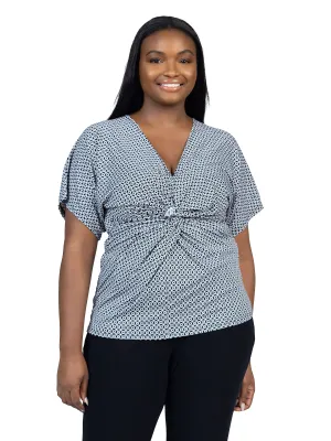 Plus Size V Neck Geometric Print Knot Front Kimono Sleeve Top