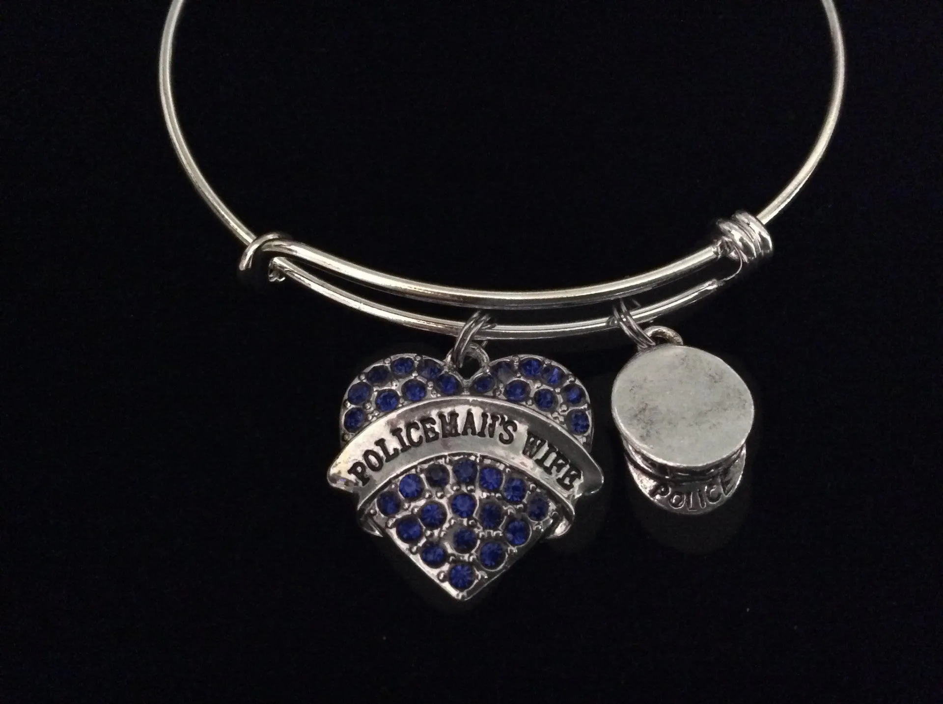 Policeman's Wife Expandable Charm Bracelet Adjustable Wire Bangle Gift Police Hat Blue Crystals