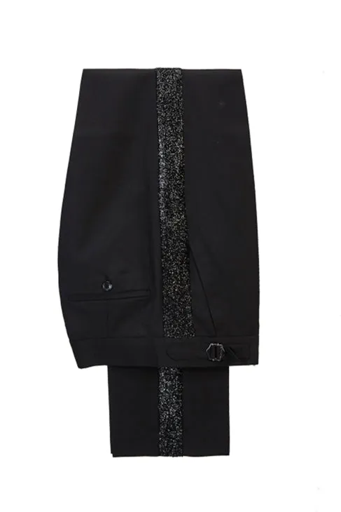 Pricey Peak Lapel Bright Red Stitching Sparkle Black Fashion Men Suit