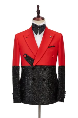 Pricey Peak Lapel Bright Red Stitching Sparkle Black Fashion Men Suit