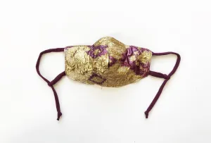 Purple and Gold Metallic Diamond Face Mask with Straw Hole