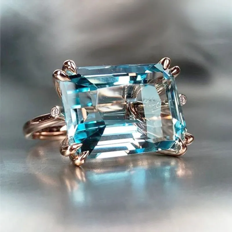 Rectangle Aquamarine Gemstone Ring for Women Rose Gold Mother Gift Jewelry