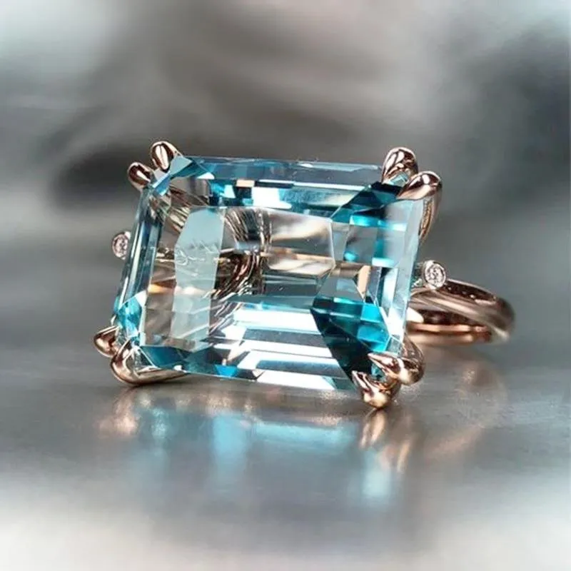 Rectangle Aquamarine Gemstone Ring for Women Rose Gold Mother Gift Jewelry