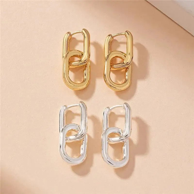 Retro Double Loop Geometric Drop Earrings – Gold and Silver