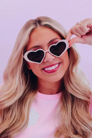 Rhinestone Rim Heart Sunglasses - Light Pink