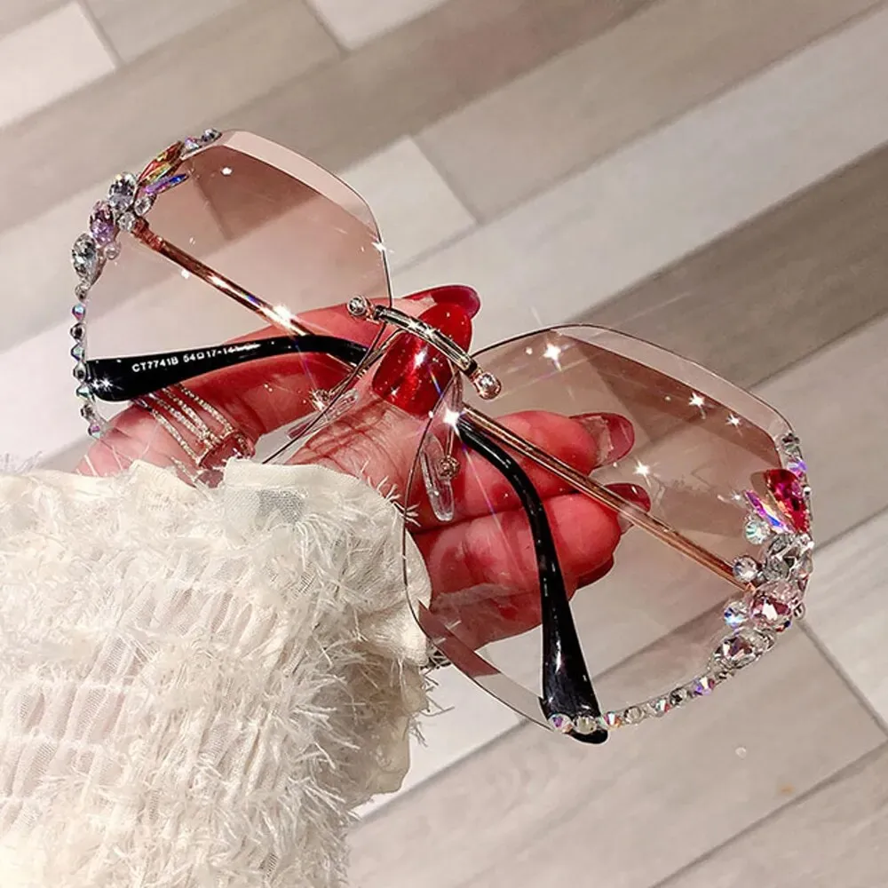 Rimless Rhinestone Sunglasses Women Men