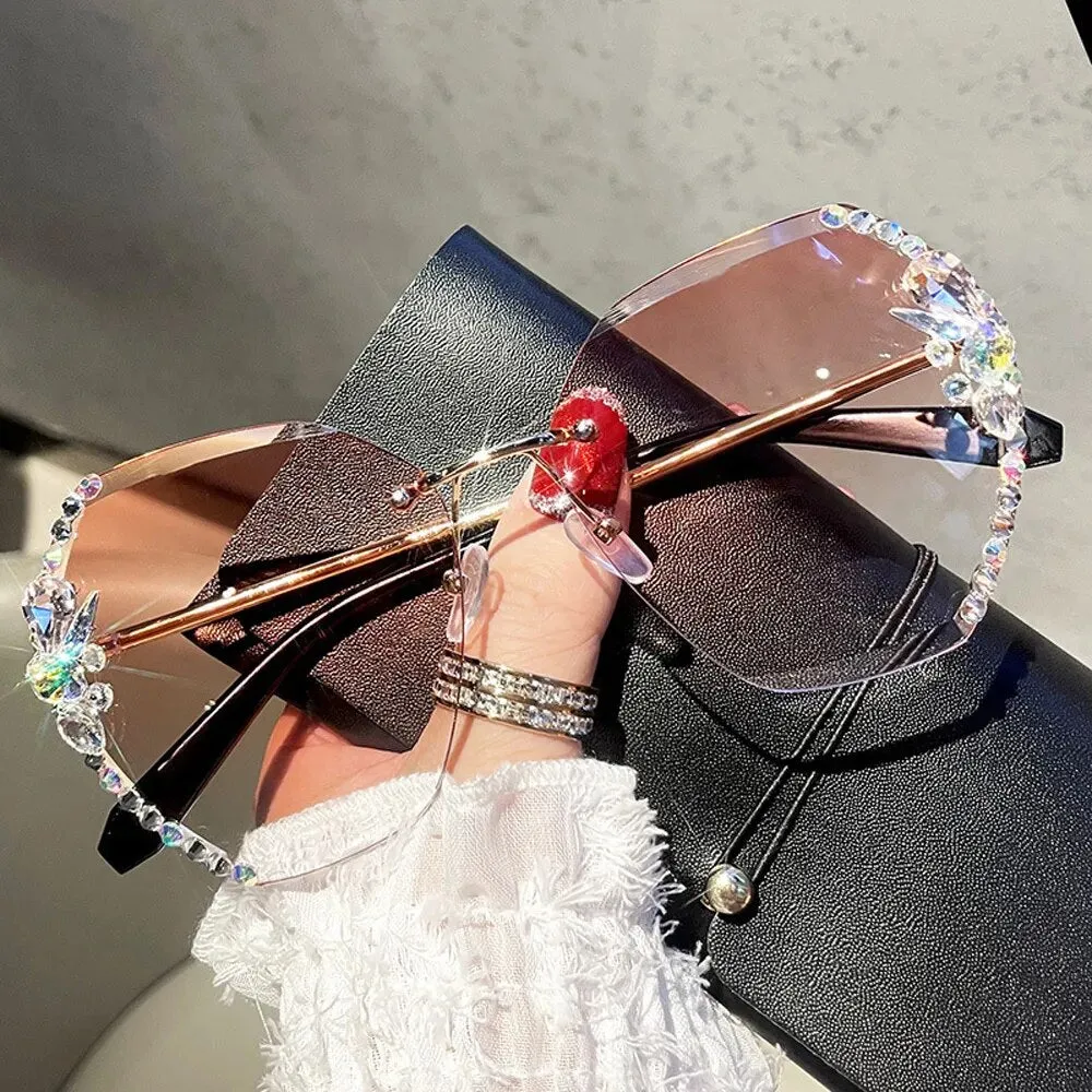 Rimless Rhinestone Sunglasses Women Men