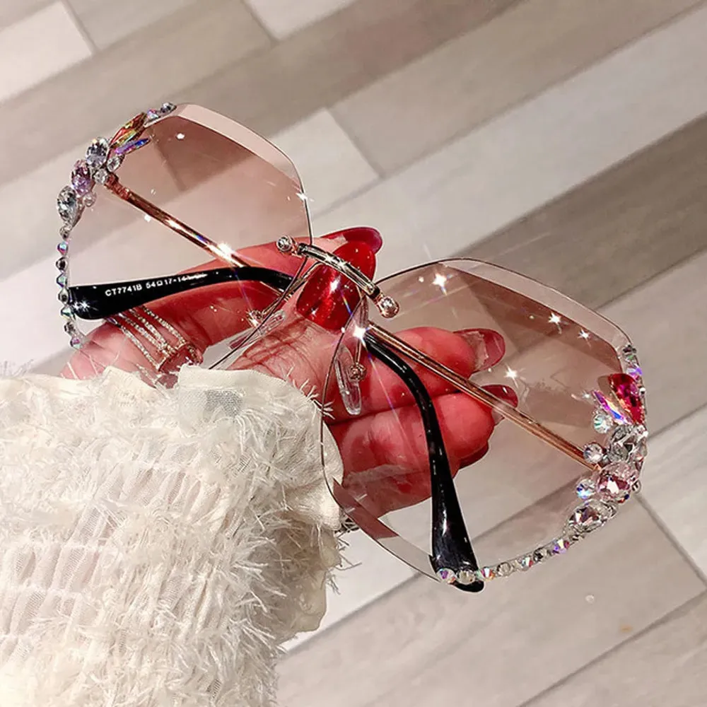 Rimless Rhinestone Sunglasses Women Men