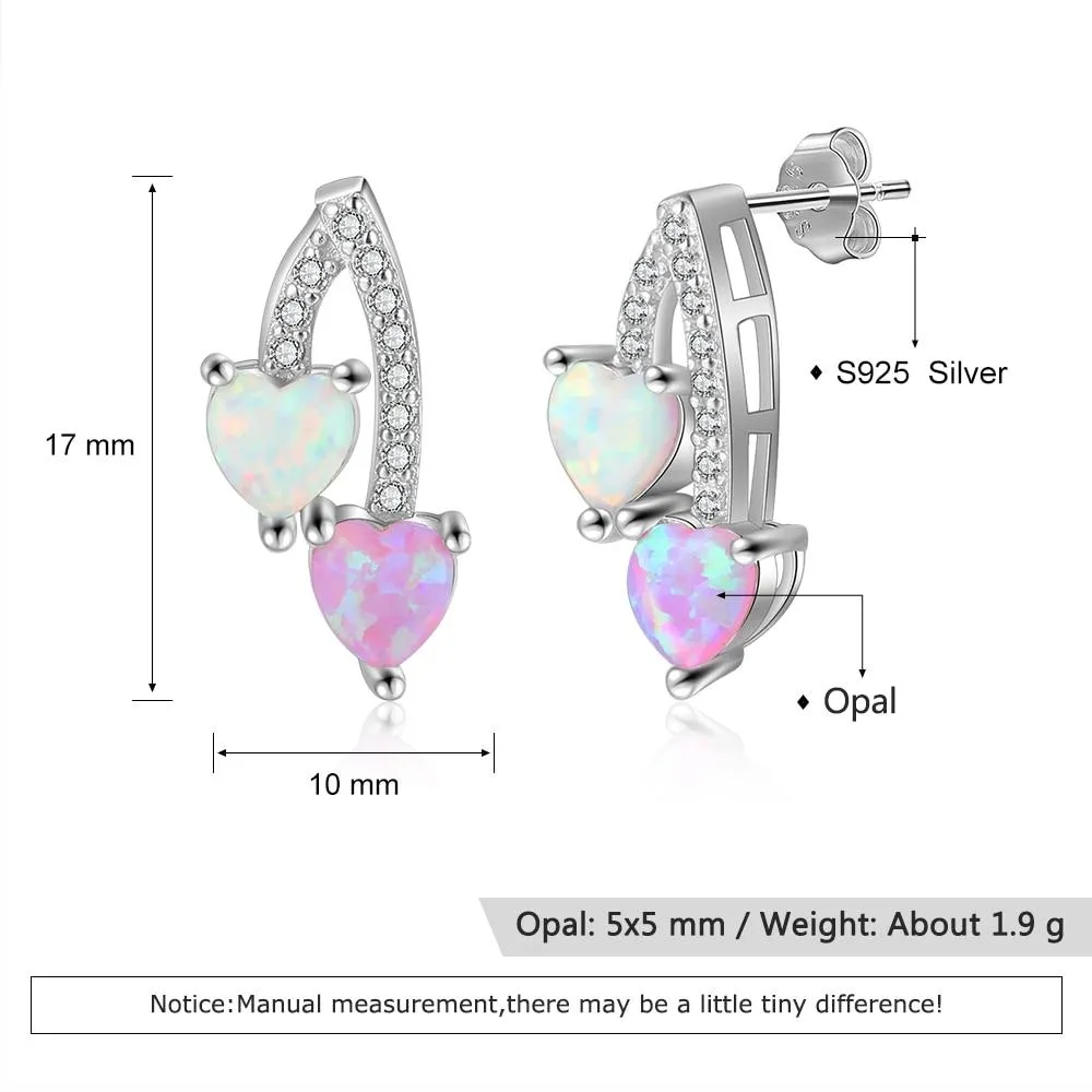 Romantic Pink & White Opal Stud Earrings for Women 925 Sterling Silver Heart Earrings Silver 925 Fine Jewelry