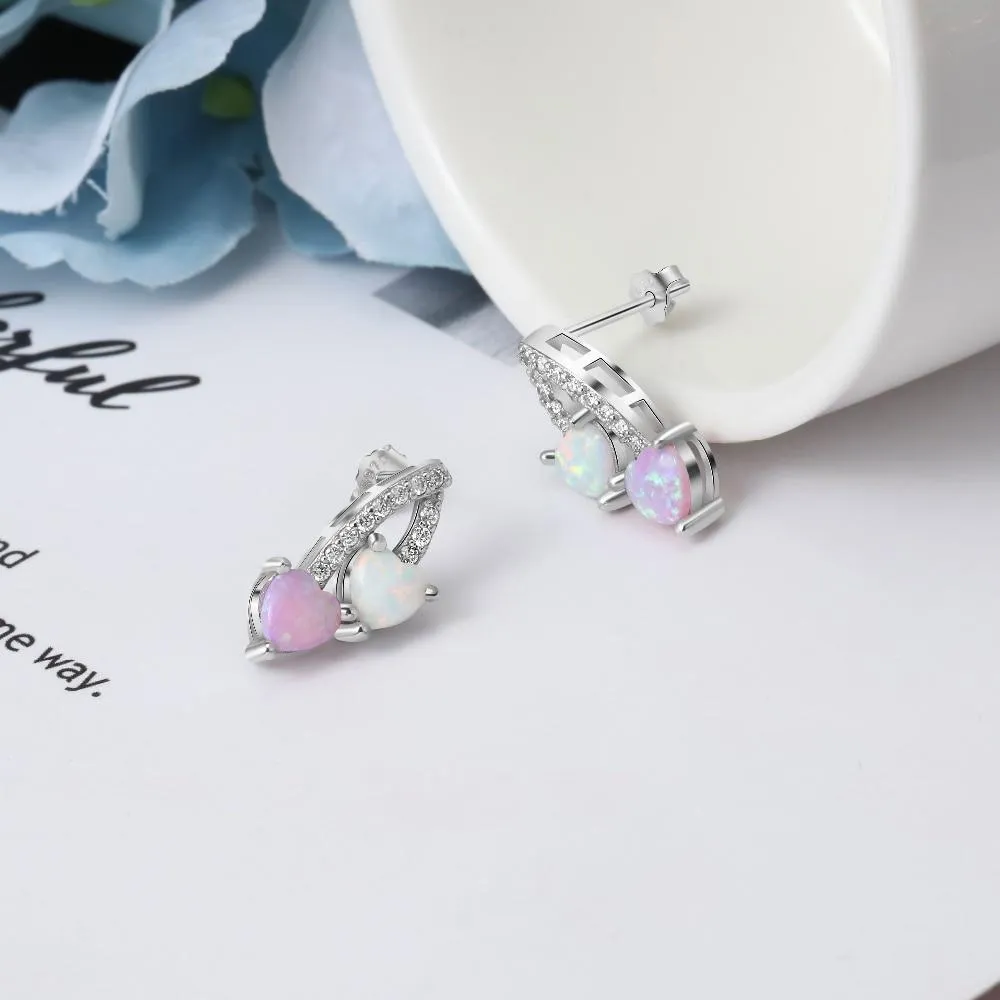 Romantic Pink & White Opal Stud Earrings for Women 925 Sterling Silver Heart Earrings Silver 925 Fine Jewelry