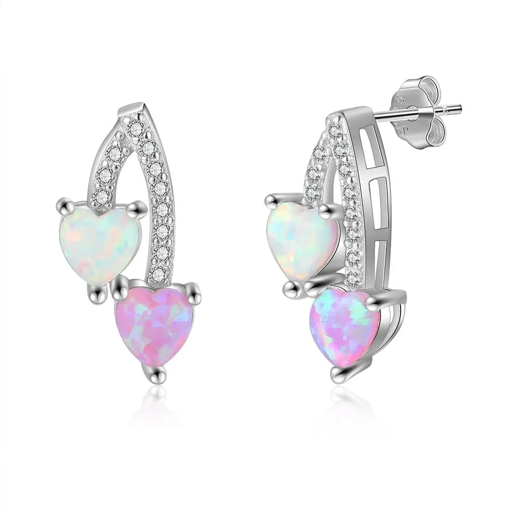 Romantic Pink & White Opal Stud Earrings for Women 925 Sterling Silver Heart Earrings Silver 925 Fine Jewelry