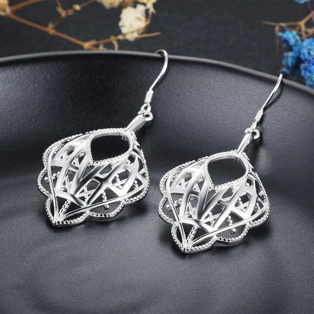 Romantic Style 925 Sterling Silver Geometric Pattern Hollow Drop Earrings, Party Jewelry Hook Ear Piece for Women