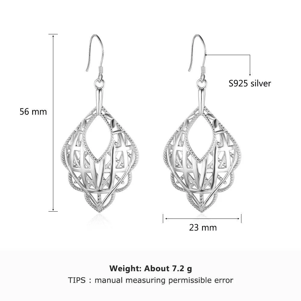 Romantic Style 925 Sterling Silver Geometric Pattern Hollow Drop Earrings, Party Jewelry Hook Ear Piece for Women