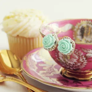 Rose Bud Stud Earrings in Mint