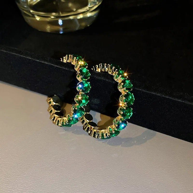 Round Green Emerald Inlay Hoop Earrings for Women Engagement Jewelry