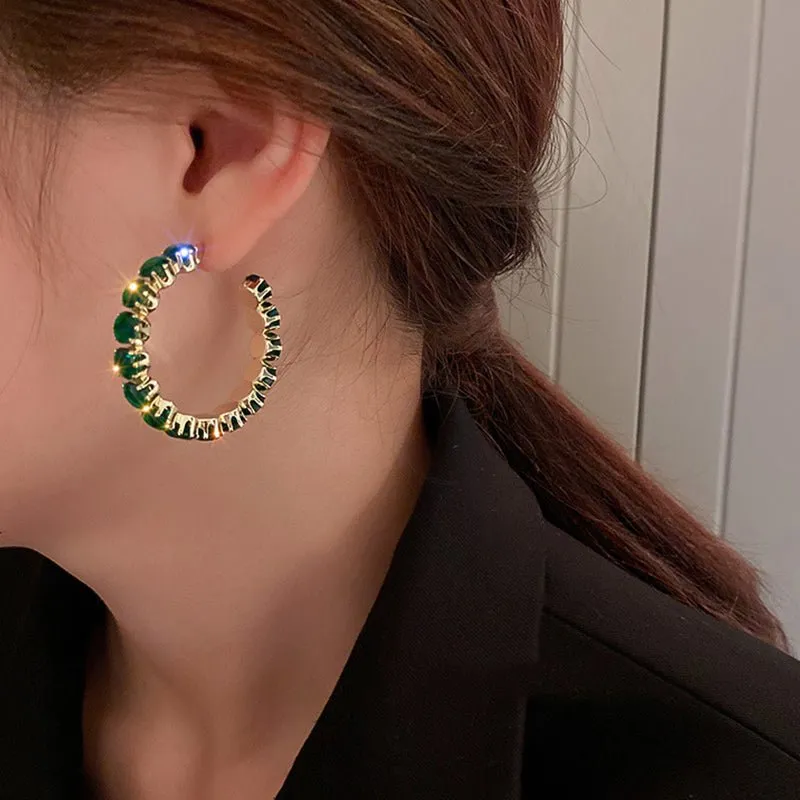 Round Green Emerald Inlay Hoop Earrings for Women Engagement Jewelry