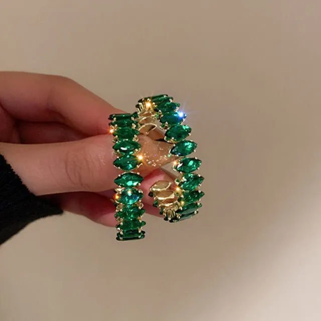 Round Green Emerald Inlay Hoop Earrings for Women Engagement Jewelry