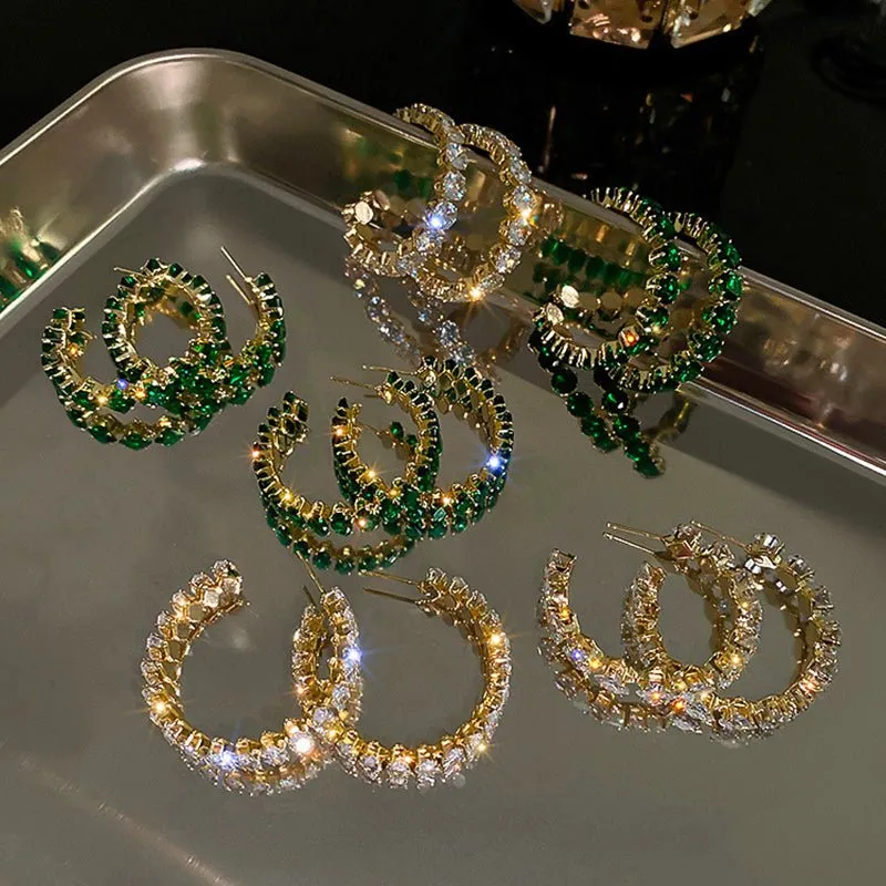 Round Green Emerald Inlay Hoop Earrings for Women Engagement Jewelry